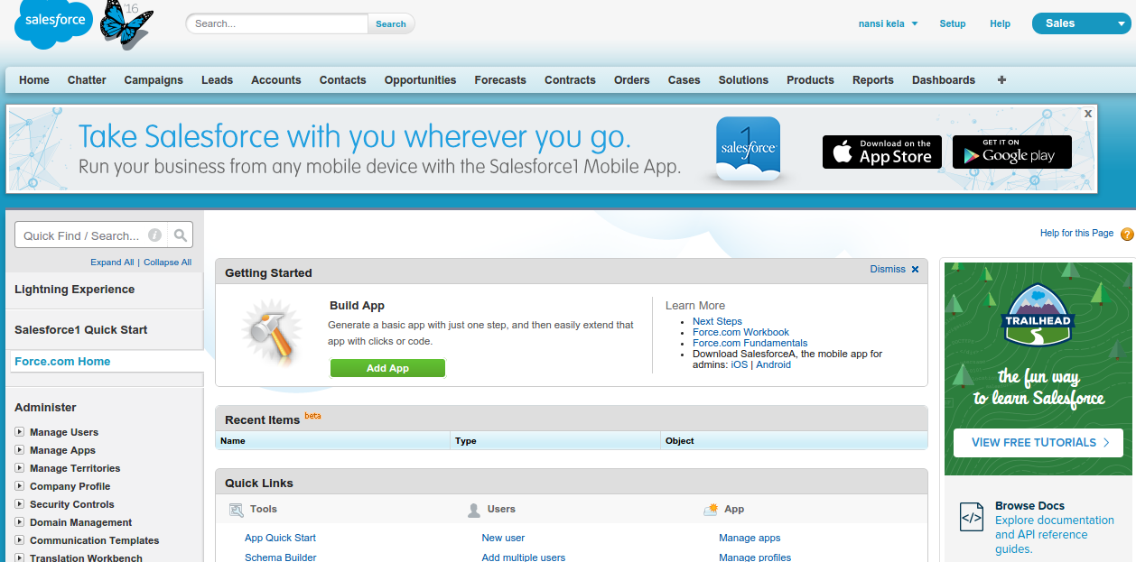 Homepage of Salesforce Developer account