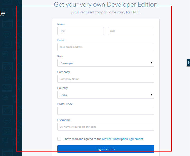 formfill to sign up Salesforce developer account