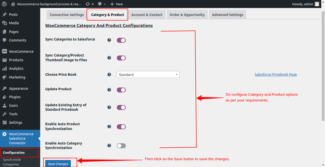 Category and Product Configuration WordPress Woocommerce Salesforce