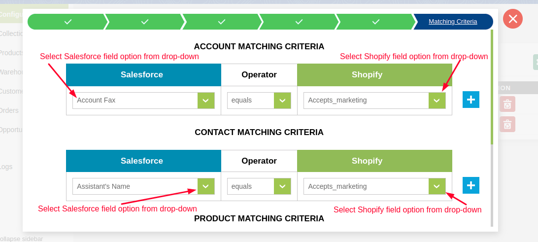 Match criteria field option shopify salesforce