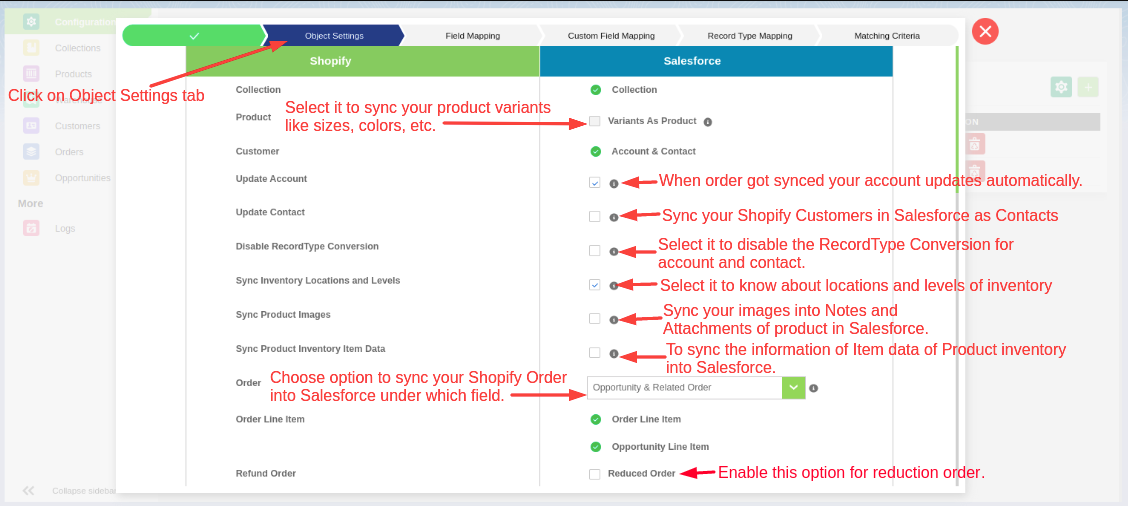 Object settings for shopify to salesforce
