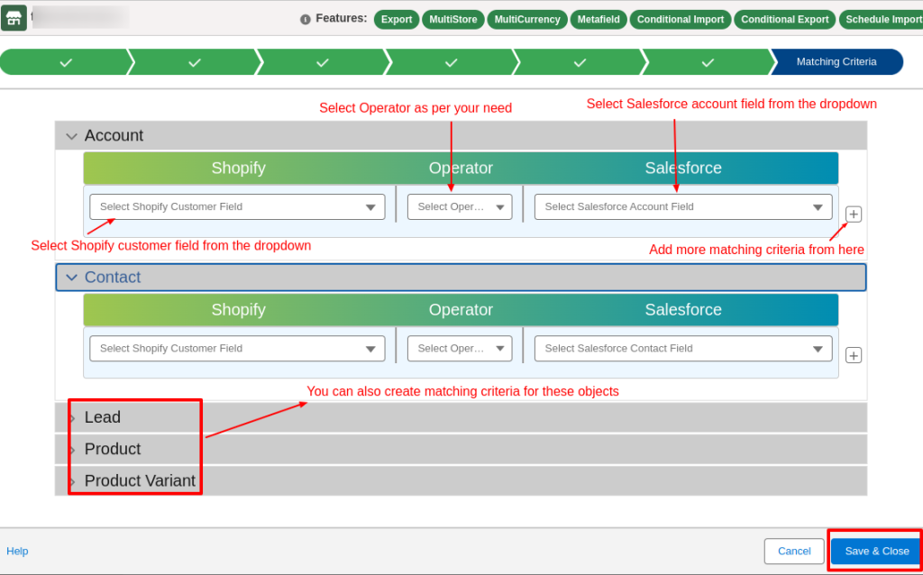 salesforce shopify matching criteria