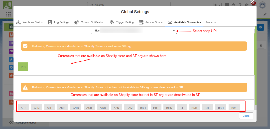 salesforce shopify connector currency