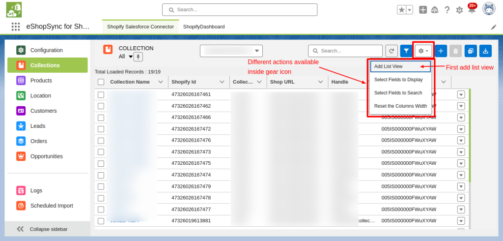 salesforce shopify connector list view