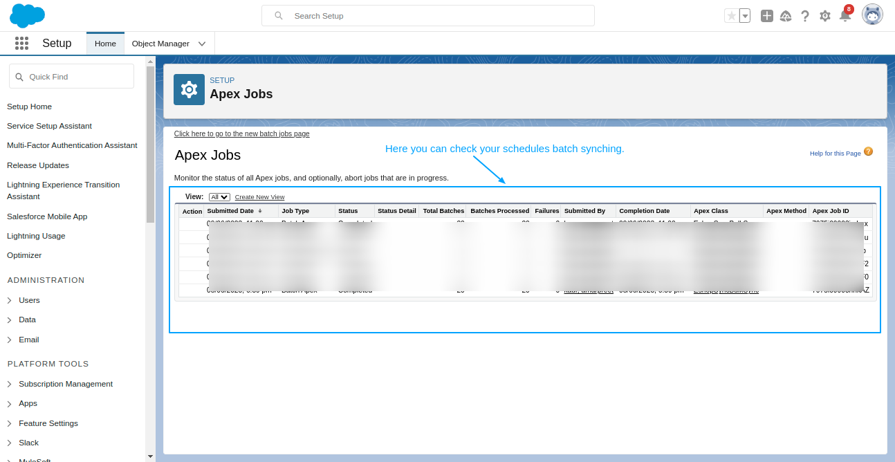 Apex jobs from quick search to check batch sync