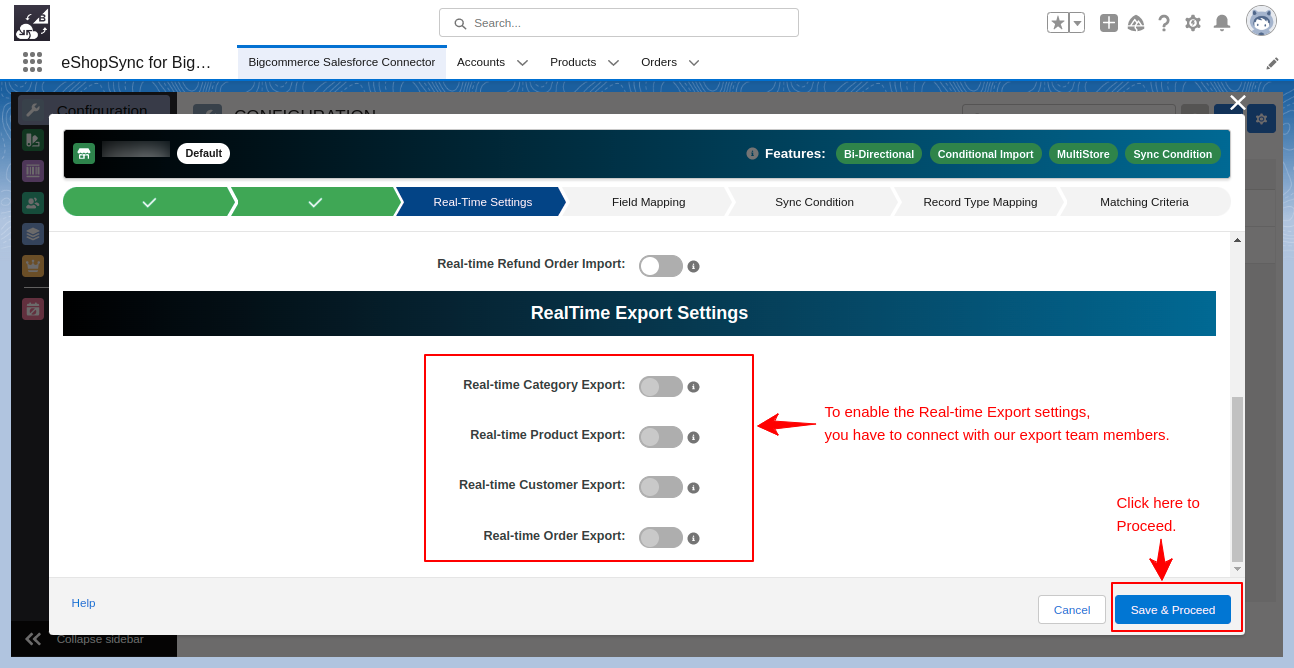 Configuration of Real-time Export settings- eshopsync for BigCommerce 2