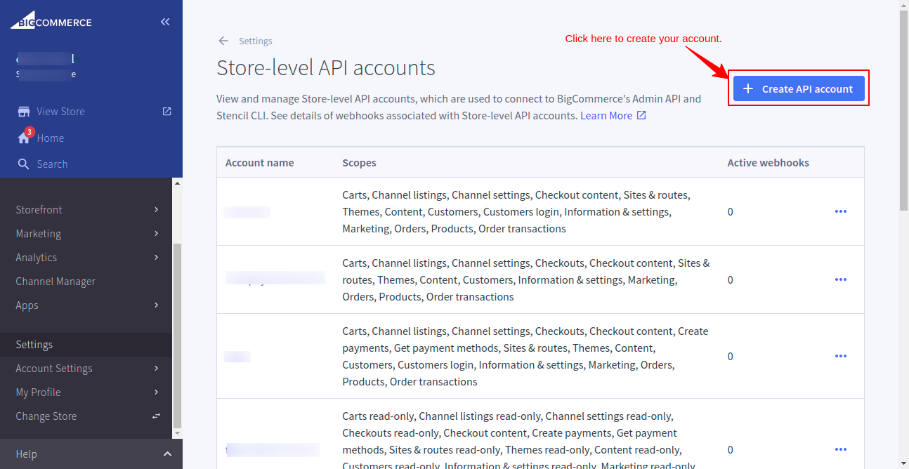 Create API account in BigCommerce
