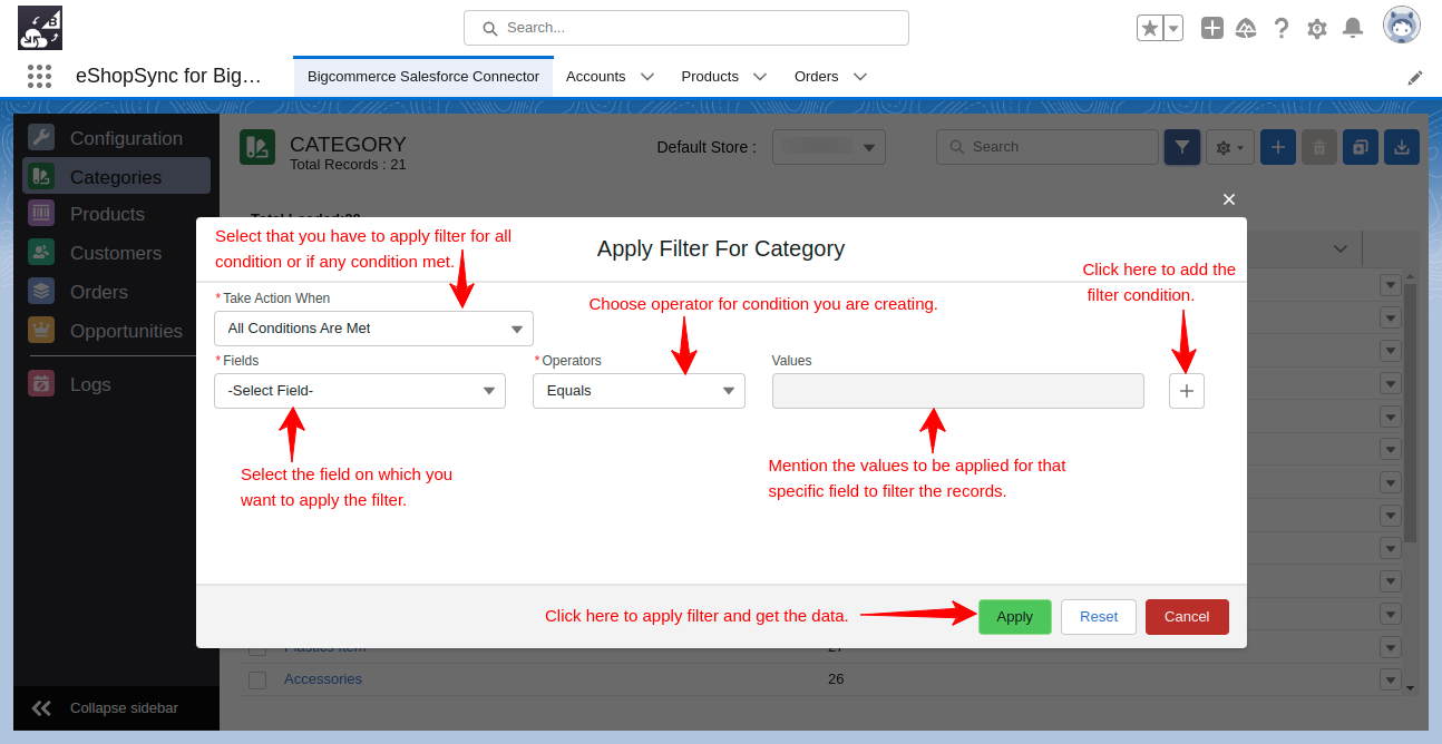 Filter condition option in BigCommerce Salesforce Connection