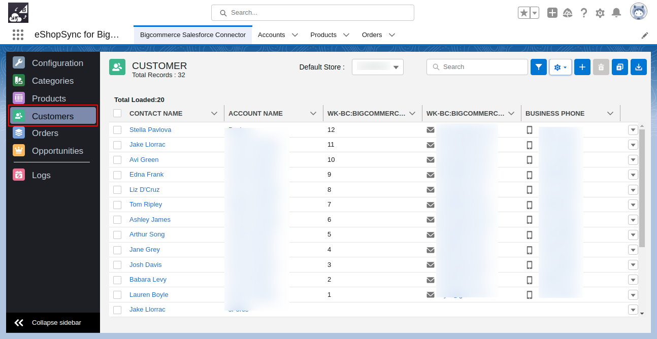 List view of Customers in BigCommerce Salesforce Connector