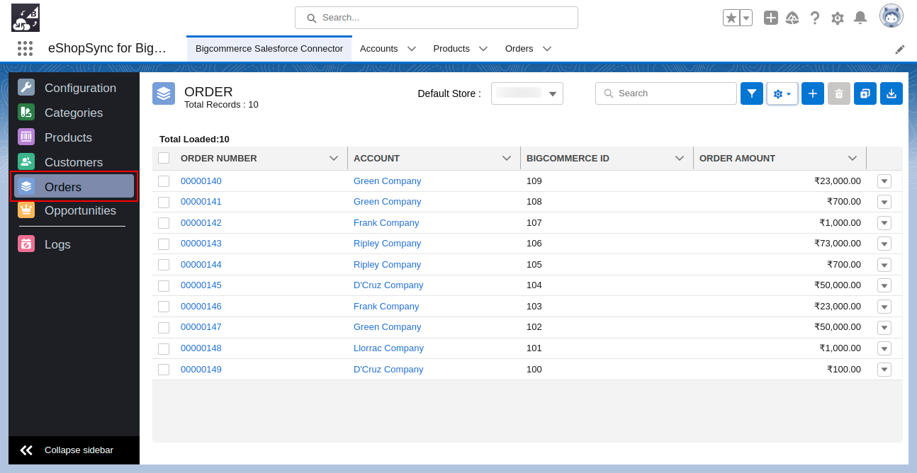 List view of Orders in BigCommerce Salesforce Connector