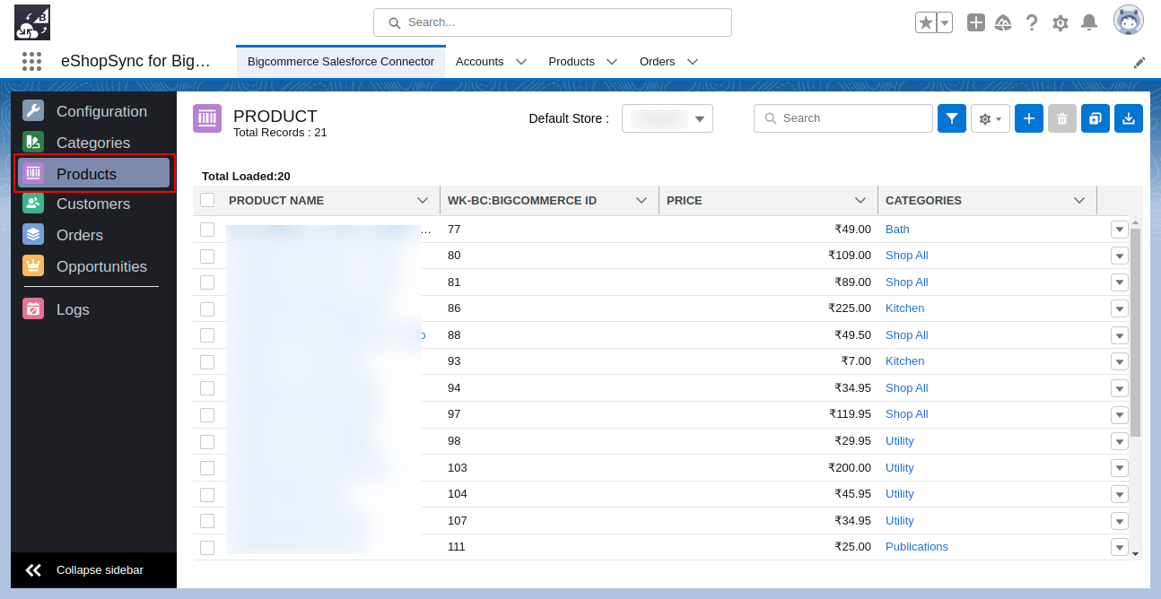 List view of Products in BigCommerce Salesforce Connector