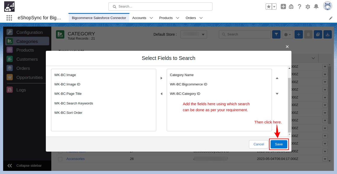 Select field to search in bigcommerce Salesforce connector2