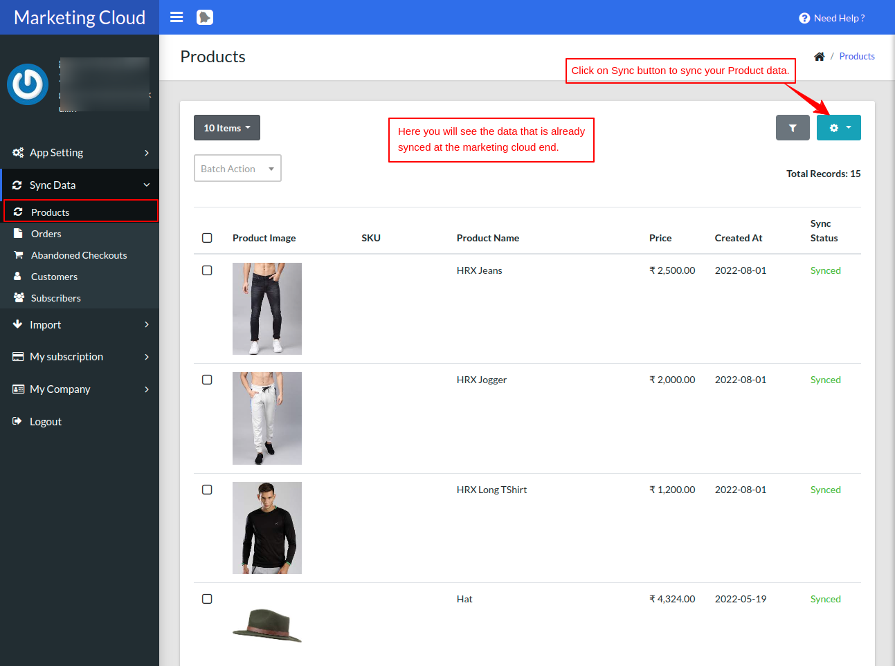 Products list Shopify SFMC
