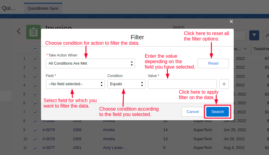 Filter options QuickBooks Salesforce