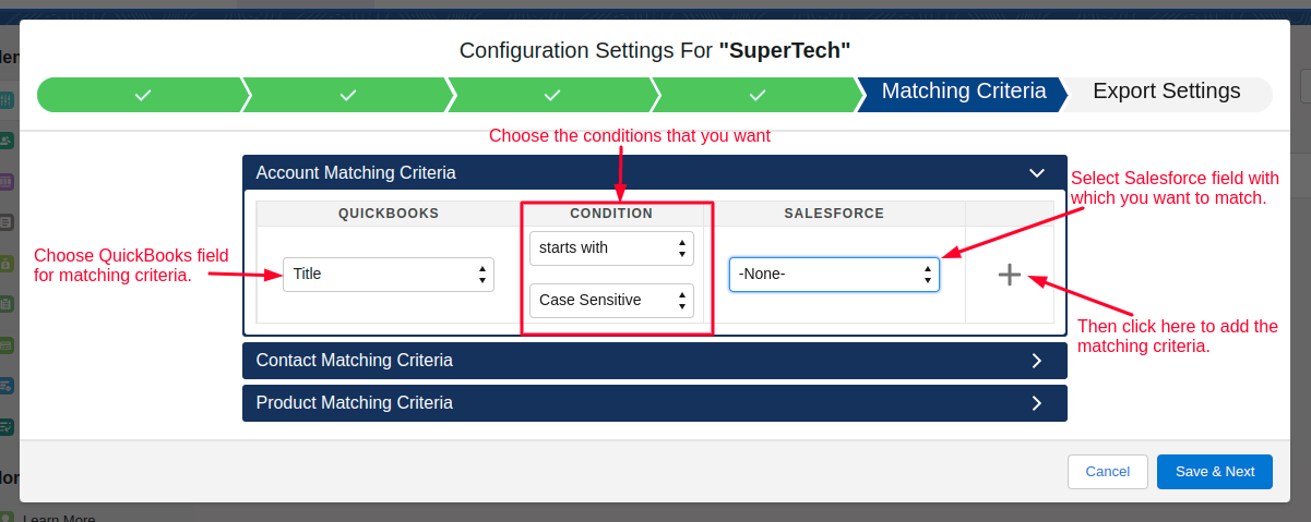 Matching Criteria options