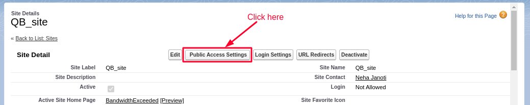 Public access settings QuickBooks Salesforce