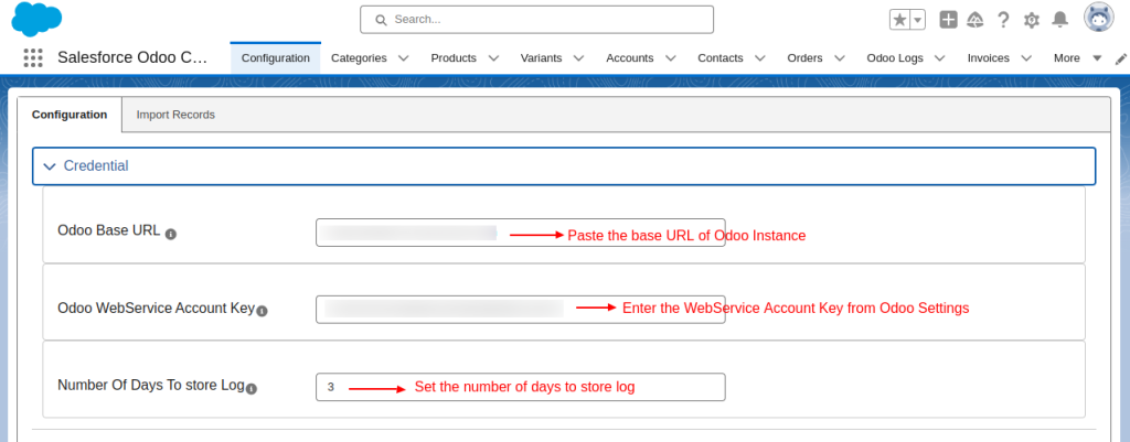 odoo config credential