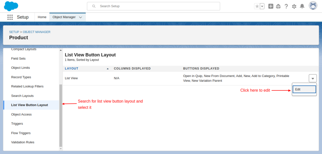 salesforce list view button layout