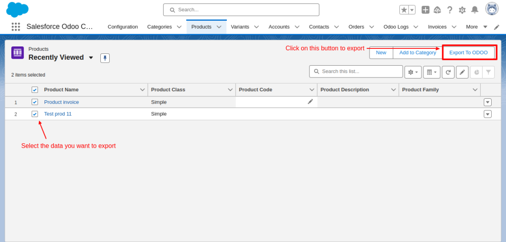 odoo salesforce connector record export