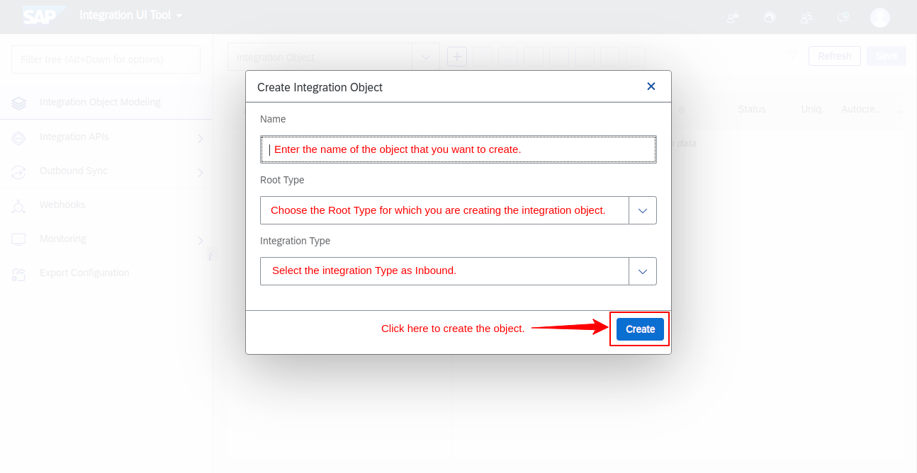Fill form to create integration object in SAP-CX