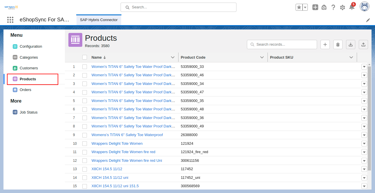 List view of Products in SAP Hybris connector