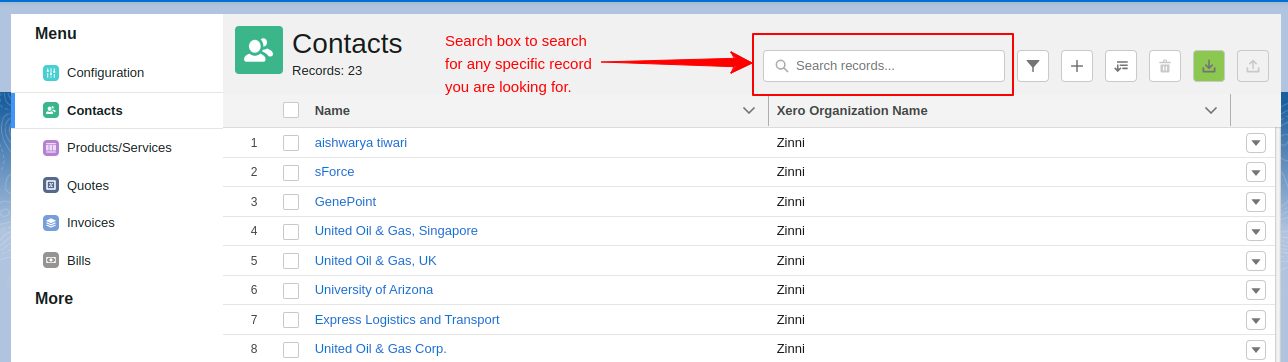 Search bar in Xero Salesforce platform