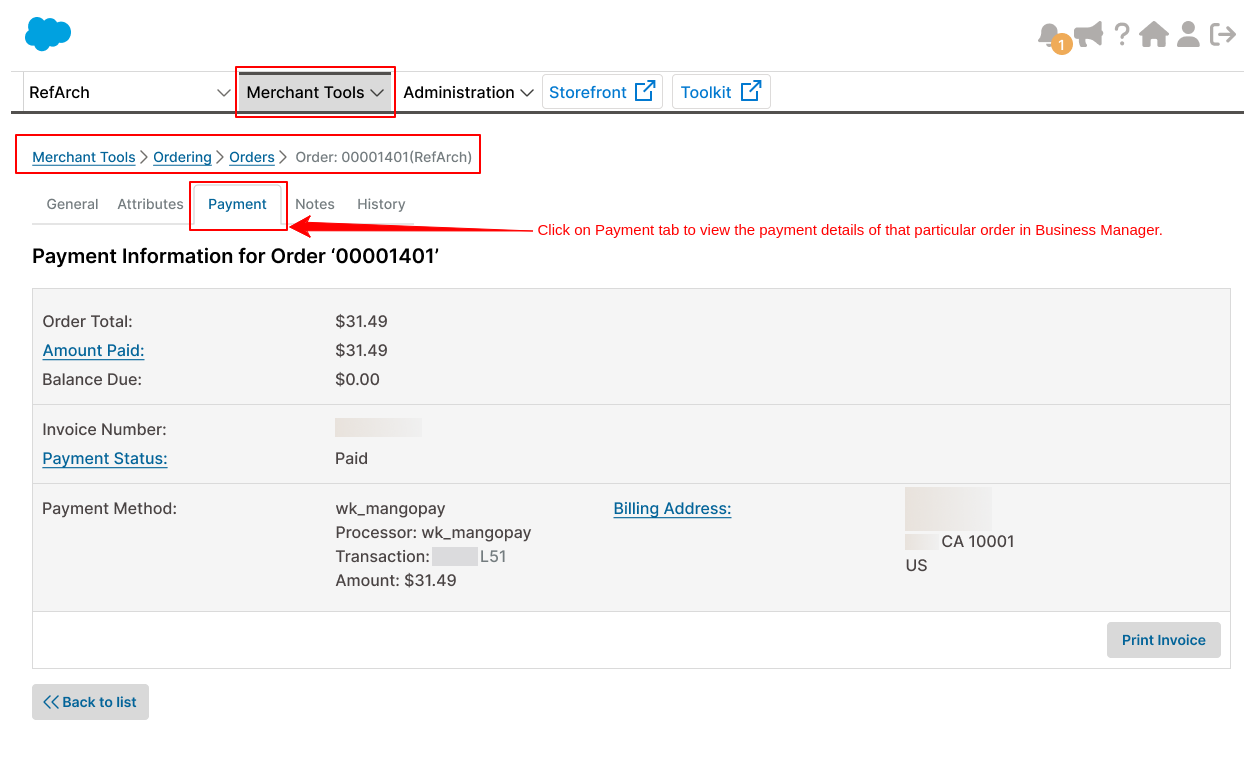 Payment view from Business Manager Page of User in Salesforce Commerce Cloud using Mangopay