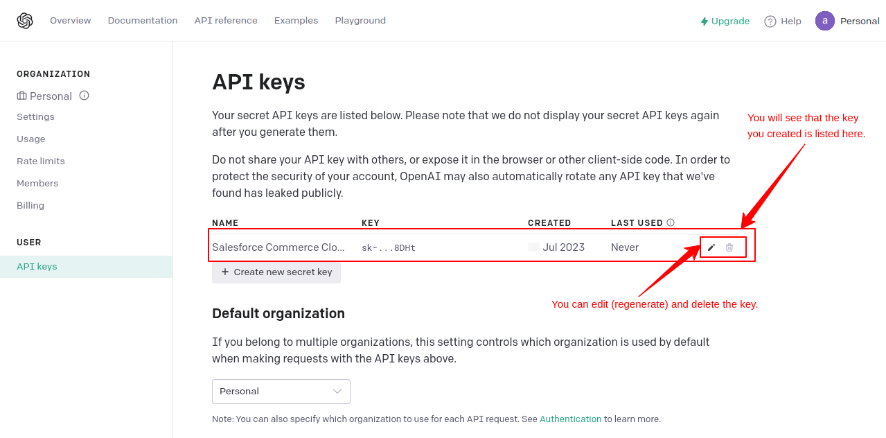API Keys list in Chat GPT