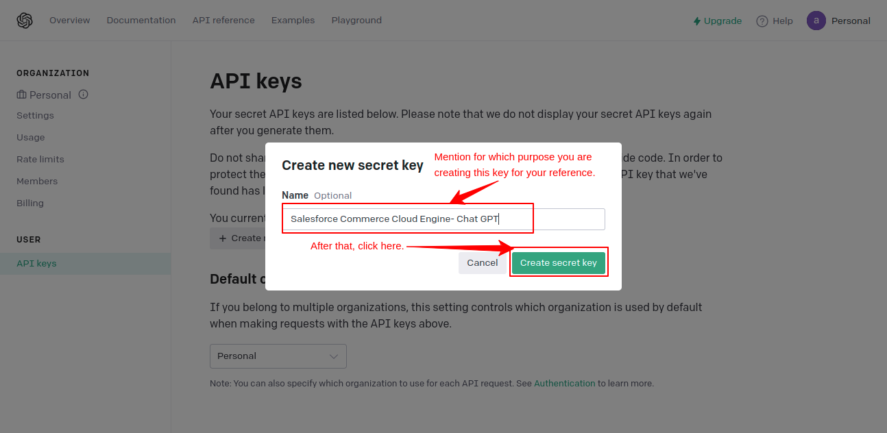 API keys creation - OpenAI API for SFCC