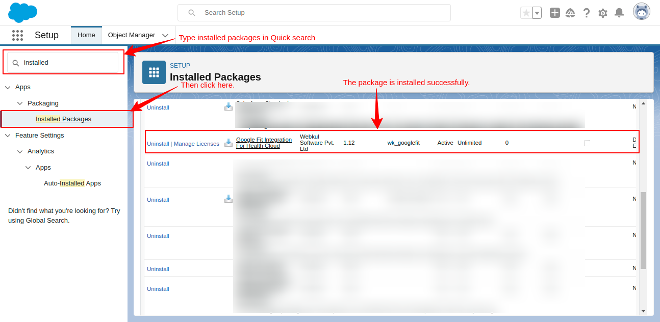 Check installed packages in Salesforce Health Cloud for Google fit integration