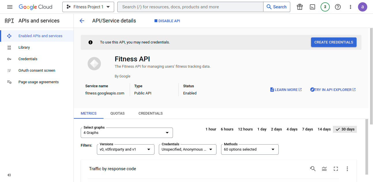 Enabled Fitness API– APIs and services– Google Cloud console