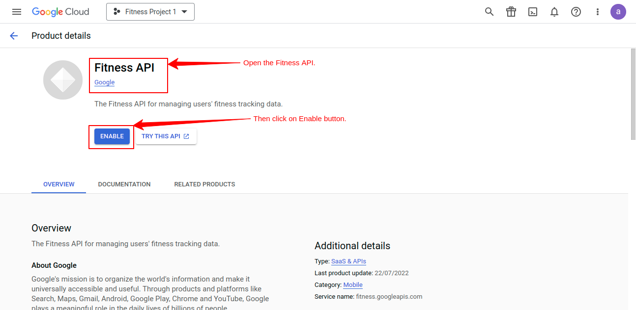 Fitness API – APIs and services – Fitness Project 1 – Google Cloud console