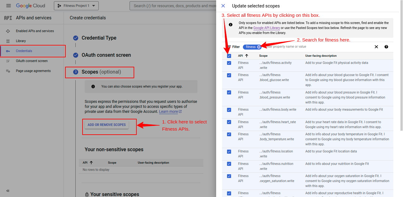 Scopes to select FItness APIs--Create credentials– Google Cloud console