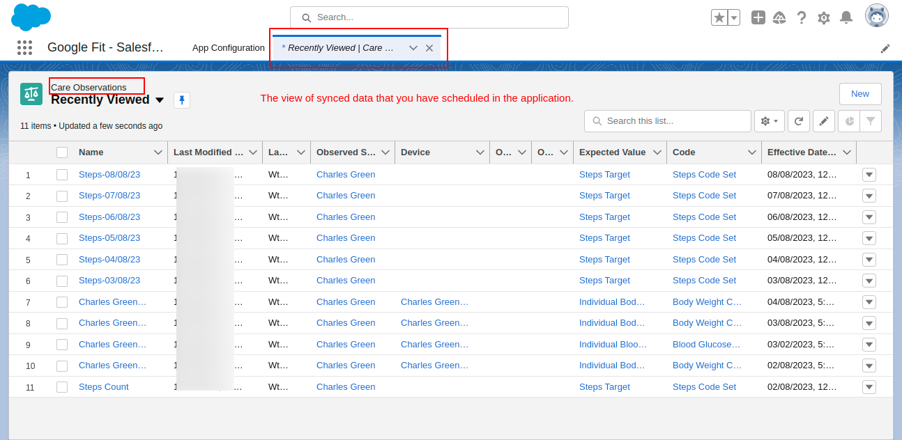 View of synced data in Care-Observations-Salesforce Health Cloud